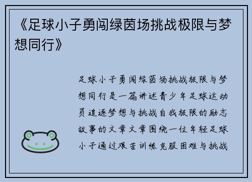 《足球小子勇闯绿茵场挑战极限与梦想同行》