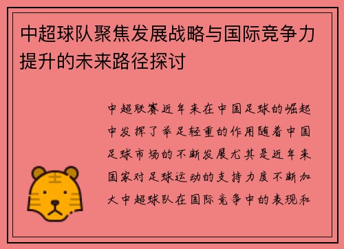 中超球队聚焦发展战略与国际竞争力提升的未来路径探讨